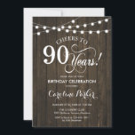90th Birthday - Rustic Wood Pattern Invitation<br><div class="desc">Rustic 90th Birthday Invitation.
Rustic simple design with dark brown wood pattern and fairy string lights. Features script font. Cheers to 90 years. Can be personalized into any age! Message me if you need further customization.</div>