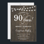 90th Birthday - Rustic Wood Pattern Invitation<br><div class="desc">Rustic 90th Birthday Invitation.
Rustic simple design with dark brown wood pattern and fairy string lights. Features script font. Cheers to 90 years. Can be personalized into any age! Message me if you need further customization.</div>