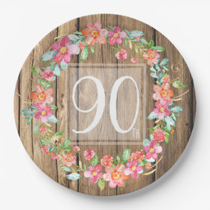 90th birthday rustic wood watercolor flowers paper plate