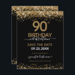 90th Birthday Save the Date Budget Invitation<br><div class="desc">Elegant Faux gold glitter with shimmering confetti highlights on the top and bottom border. All text is adjustable and easy to change for your own party needs. Great elegant 90th birthday template design.</div>