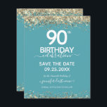 90th Birthday Save the Date Budget Invitation<br><div class="desc">Elegant Faux gold glitter with shimmering confetti highlights on the top and bottom border. All text is adjustable and easy to change for your own party needs. Great elegant 90th birthday template design.</div>