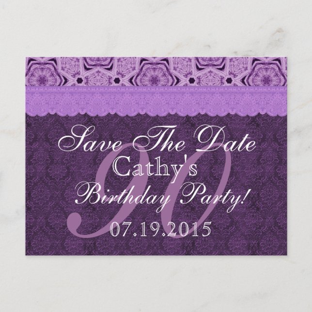 90th Birthday Save the Date Purple Antique Lace Announcement Postcard (Front)