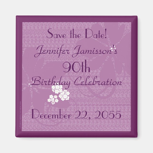 90th Birthday Save the Date Purple / White Magnet (Front)