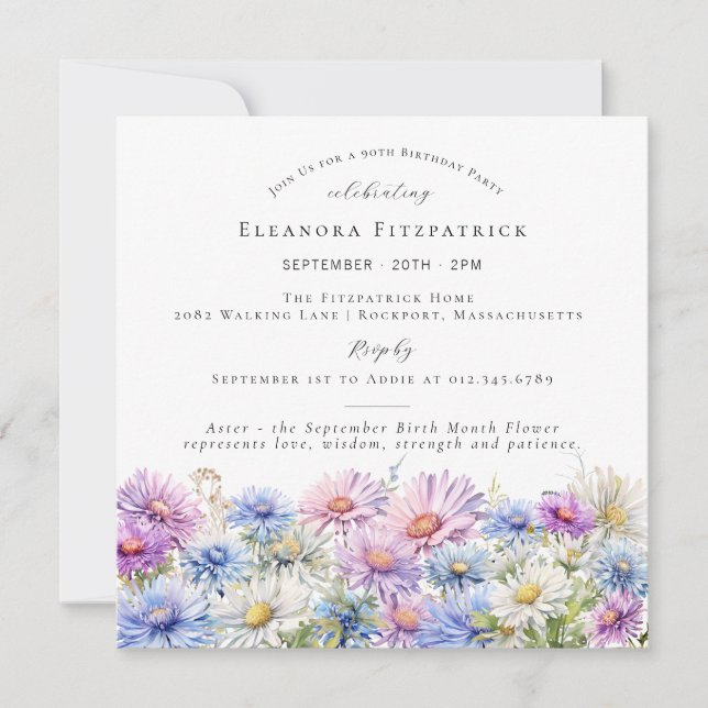 90th Birthday September Birth Month Flower Square Invitation (Front)