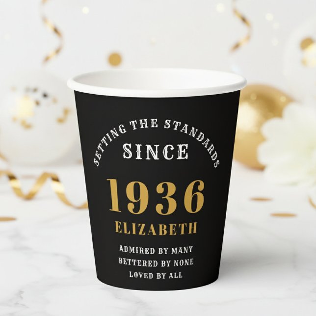 90th Birthday Setting the Standards Black Gold Paper Cups (1936 Paper cup. White background.)