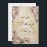 90th Birthday Shabby Chic Roses and Lace Invitation<br><div class="desc">Women's 90th birthday party celebration shabby chic vintage roses and lace collage personalised custom invites. A beautiful, elegant collage with stylish antique pink cabbage roses flowers, and printed Victorian lace image on a pretty faded roses pattern background. Classy, romantic, feminine, girly, classic, old fashioned double sided invites for a woman's...</div>