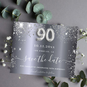 90th birthday silver glitter budget save the date flyer