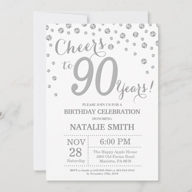 90th Birthday Silver Glitter Diamond Invitation (Front)