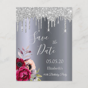 90th birthday silver glitter drips Save the Date Postcard