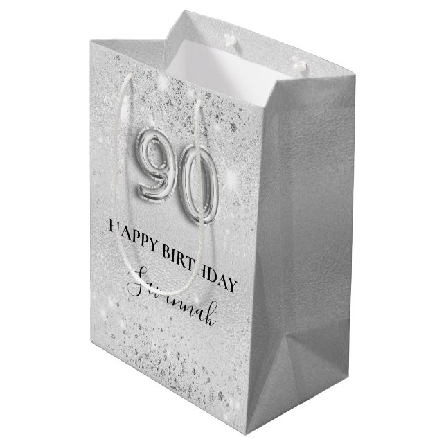 90th birthday silver glitter dust monogram medium gift bag (Back Angled)