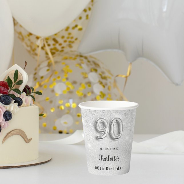 90th birthday silver glitter dust monogram paper cups (Creator Uploaded)