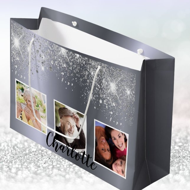 90th birthday silver glitter dust photo monogram large gift bag (Creator Uploaded)