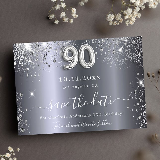 90th birthday silver glitter glam save the date (Creator Uploaded)