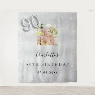 90th birthday silver photo glitter dust welcome tapestry