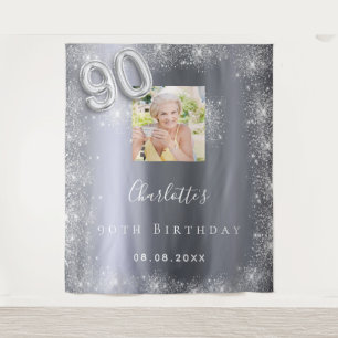 90th birthday silver photo glitter dust welcome tapestry