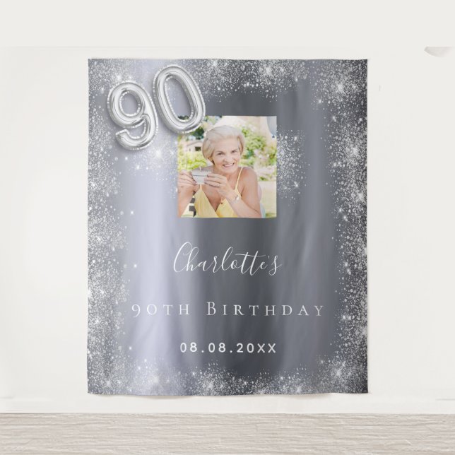 90th birthday silver photo glitter welcome tapestry (Front)