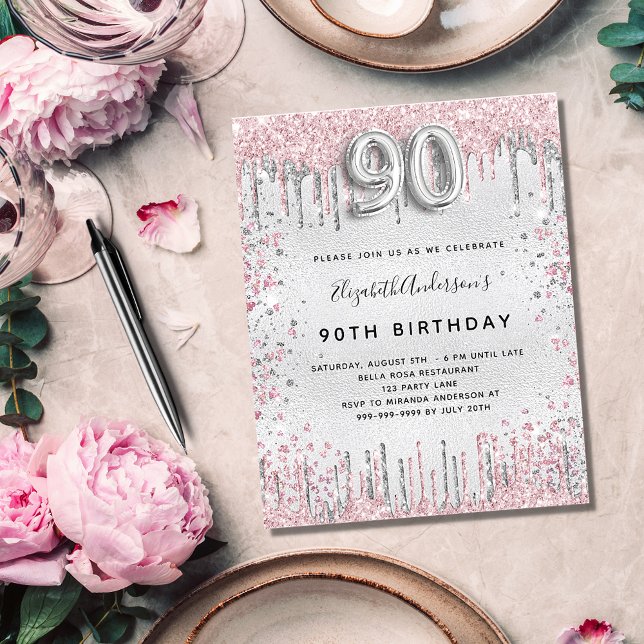 90th birthday silver pink metal glitter dust invitation postcard (Creator Uploaded)
