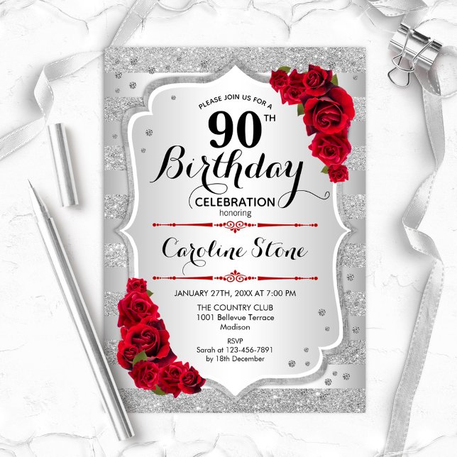 90th Birthday - Silver Stripes Red Roses Invitation (Creator Uploaded)
