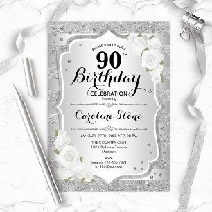 90th Birthday - Silver Stripes White Roses Invitation