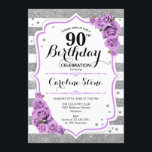 90th Birthday -  Silver White Stripes Purple Roses Invitation<br><div class="desc">90th Birthday Invitation.
Elegant silver white purple design with faux glitter. Silver and white stripes with pink roses. Perfect for an elegant ninetieth birthday party.</div>