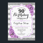 90th Birthday -  Silver White Stripes Purple Roses Invitation<br><div class="desc">90th Birthday Invitation.
Elegant silver white purple design with faux glitter. Silver and white stripes with pink roses. Perfect for an elegant ninetieth birthday party.</div>
