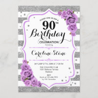 90th Birthday -  Silver White Stripes Purple Roses