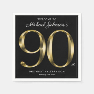 90th Birthday Solid Gold Typography Black Elegant Napkin
