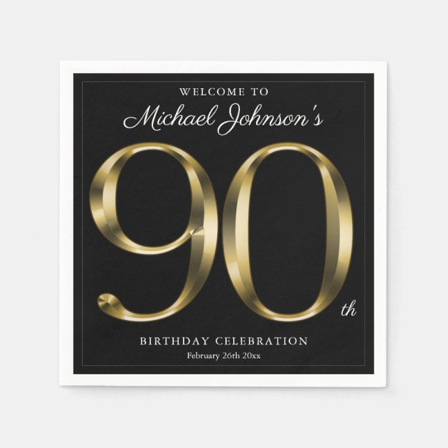 90th Birthday Solid Gold Typography Black Elegant  Napkin (Front)