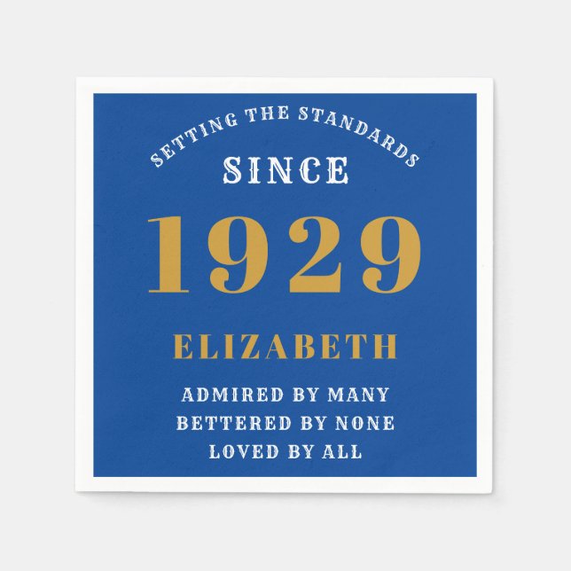 90th Birthday Standards Born 1929 Blue Gold Napkin (Front)