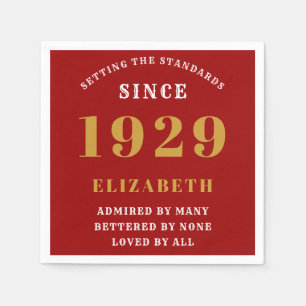 90th Birthday Standards Born 1929 Red Gold Napkin