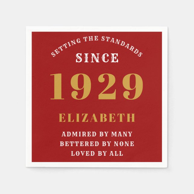90th Birthday Standards Born 1929 Red Gold Napkin (Front)