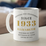 90th Birthday Standards Born 1933 Name Year Coffee Mug<br><div class="desc">Celebrate a special 90th birthday with this custom mug! This sturdy white ceramic mug can be personalized with the birthday person's name and year of birth (1933!). Make it even more special by adding your own favorite quote or message. The perfect gift for any 90-year-old to start the day with...</div>