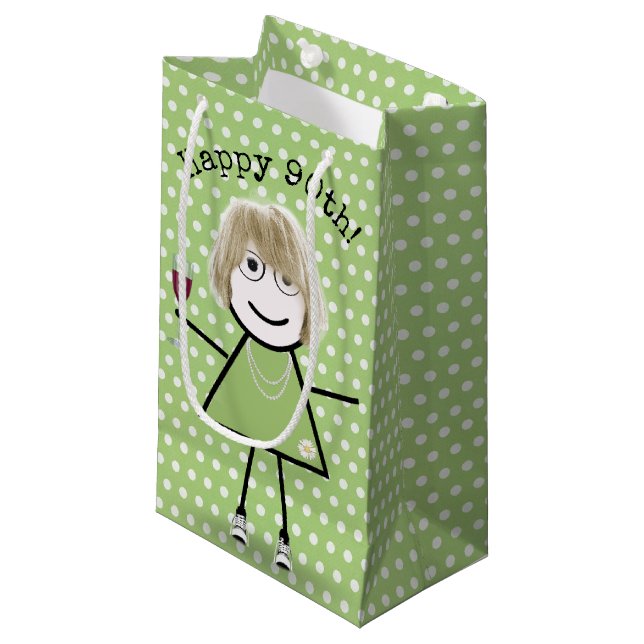 90th Birthday Stick Girl with Wine Glass Small Gift Bag (Front Angled)