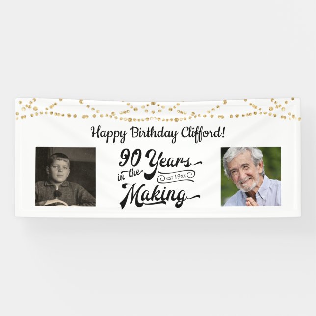 90th Birthday String Lights Retro 2 Photo Banner (Horizontal)