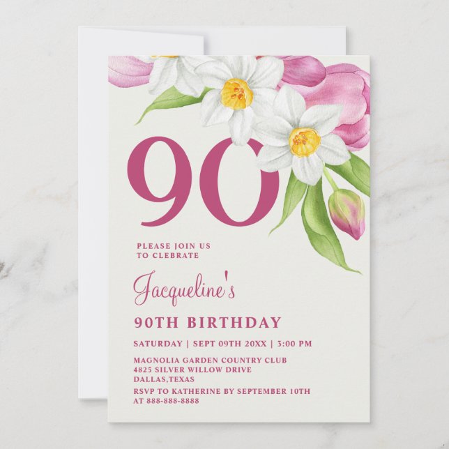 90Th Birthday Stylish Elegant Modern Floral Pink Invitation (Front)