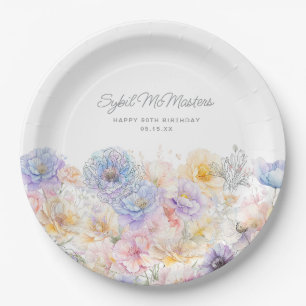 90th Birthday Summer Watercolor Floral Custom Paper Plate