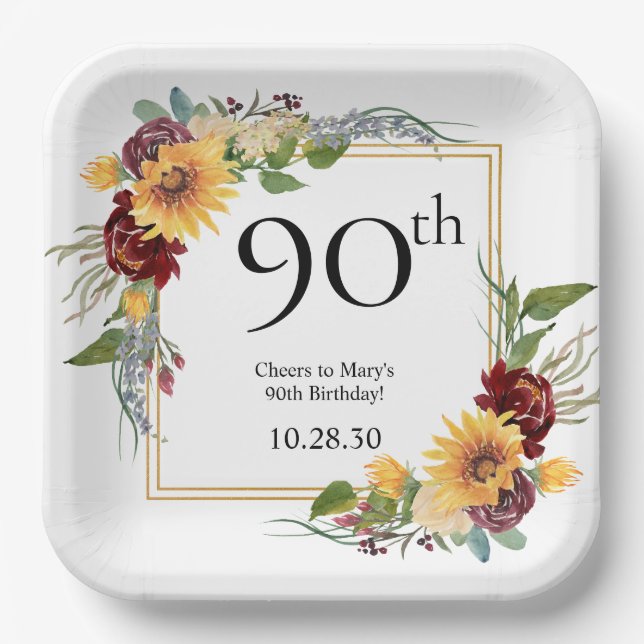 90th Birthday Sunflowers Paper Plate (Front)