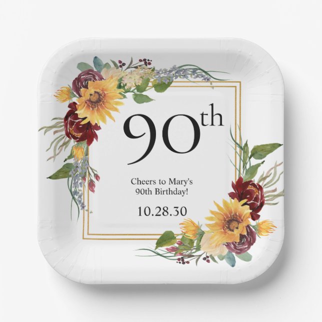 90th Birthday Sunflowers Paper Plate (Front)