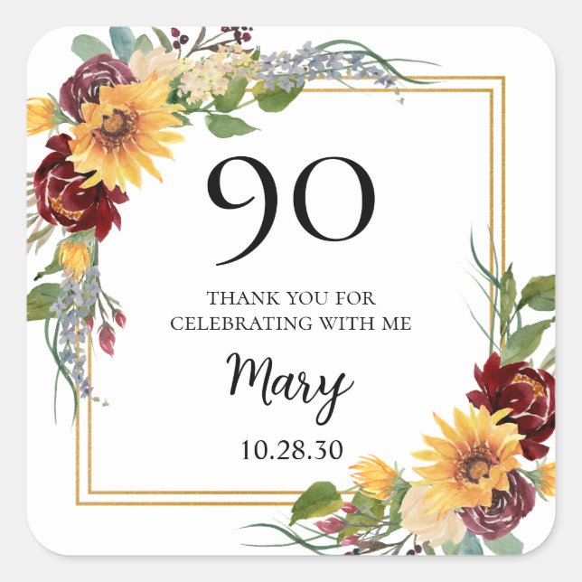 90th Birthday Sunflowers Thank You Square Sticker (Front)