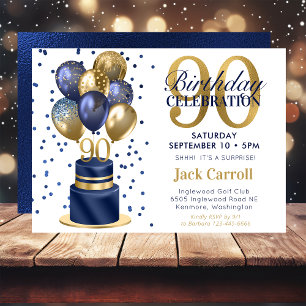 90th Birthday Surprise Navy Blue Cake Invitation