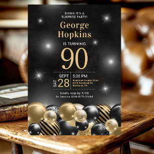90th Birthday Surprise Party Black Gold Balloons Invitation