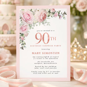 90th Birthday Surprise Party Blush Pink Floral Invitation
