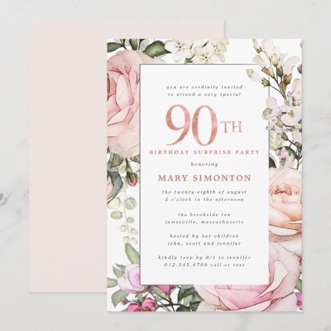 90th Birthday Surprise Party Blush Pink Floral Invitation (Front/Back)
