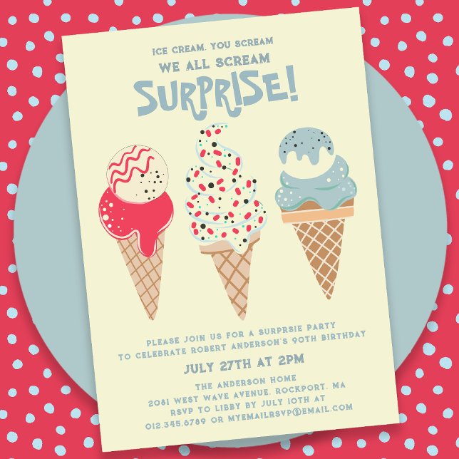 90th Birthday Surprise Party Ice Cream Cone  Invitation (Creator Uploaded)