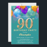 90th Birthday Teal and Gold Colourful Balloons Invitation<br><div class="desc">90th Birthday Teal Aqua Turquoise and Gold Colourful Balloons and Confetti Invitation. For further customisation,  please click the "Customise it" button and use our design tool to modify this template.</div>