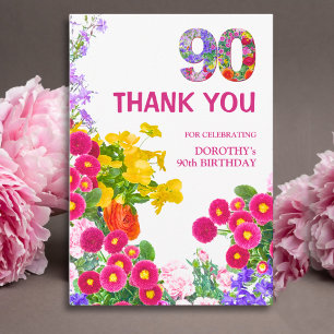 90th Birthday Thanks Floral Elegant Thank You Card