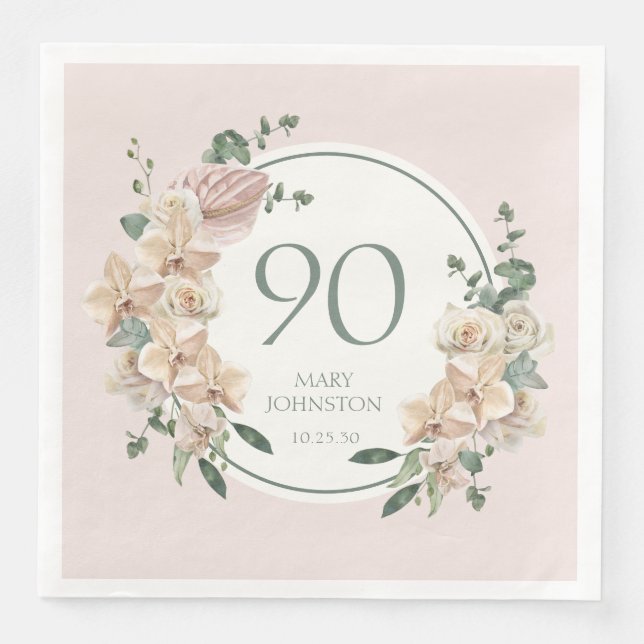 90th Birthday Tropical Floral Napkin (Front)