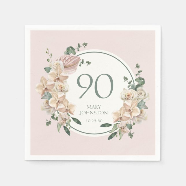 90th Birthday Tropical Floral Napkin (Front)