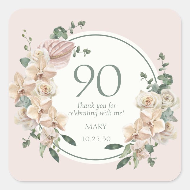 90th Birthday Tropical Floral Thank You Square Sticker (Front)
