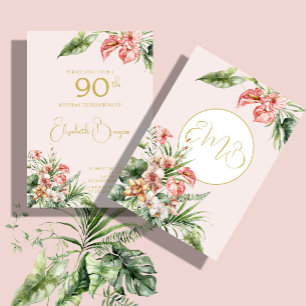 90TH Birthday Tropical Watercolor Pink Elegant Invitation